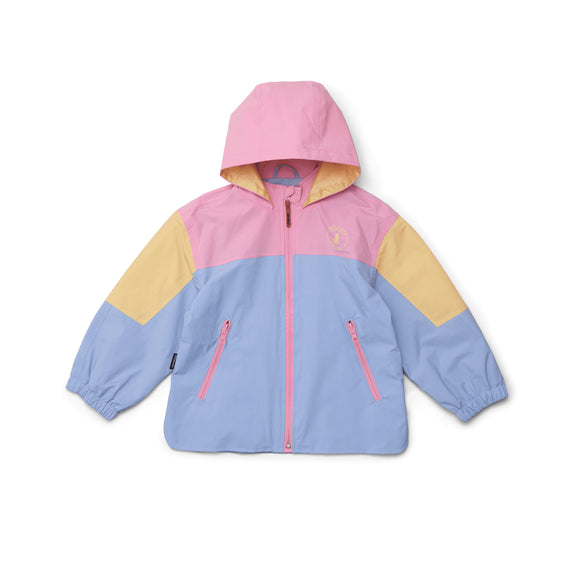 Color-blocked jacket with pink, yellow, and blue on a white background