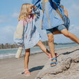 Two people walking on a beach with a clear sky