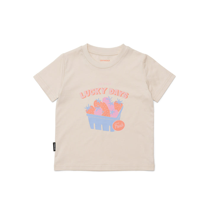 Beige CRYWOLF t-shirt with 'Lucky Days' graphic on a white background