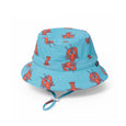 Blue CRYWOLF bucket hat with red lobster pattern on a white background