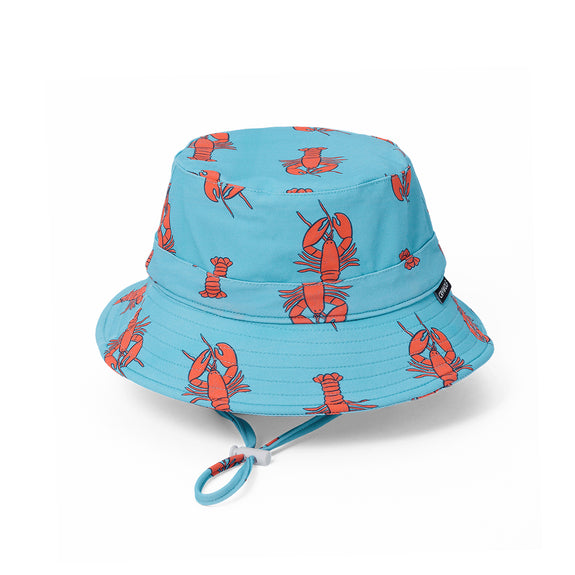 Blue CRYWOLF bucket hat with red lobster pattern on a white background