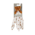 Teddy bear with a swaddle blanket on a white background, branded 'little bamboo'.