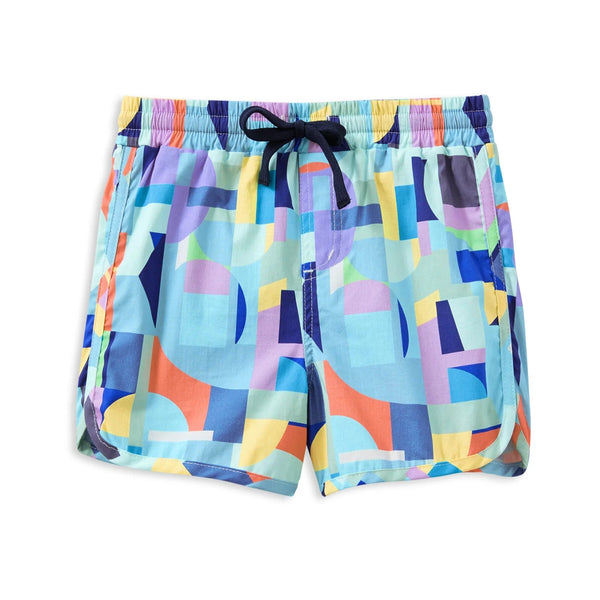 Colorful geometric patterned shorts on a white background