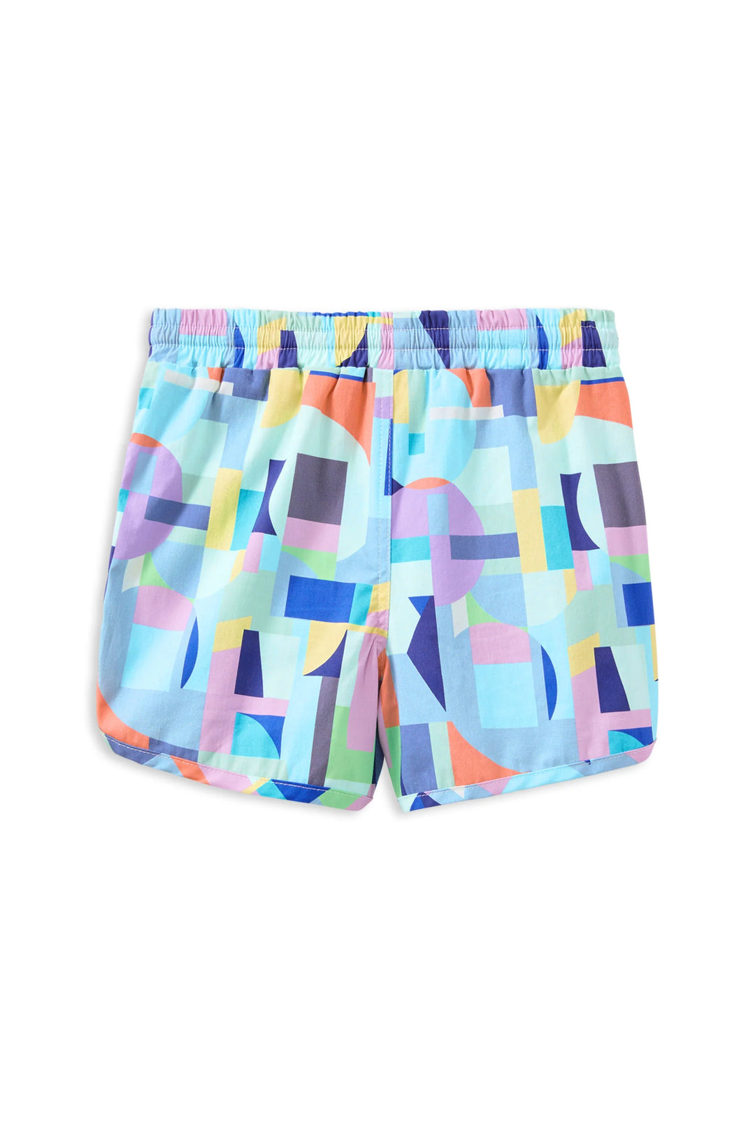 Colorful geometric-patterned shorts on a white background
