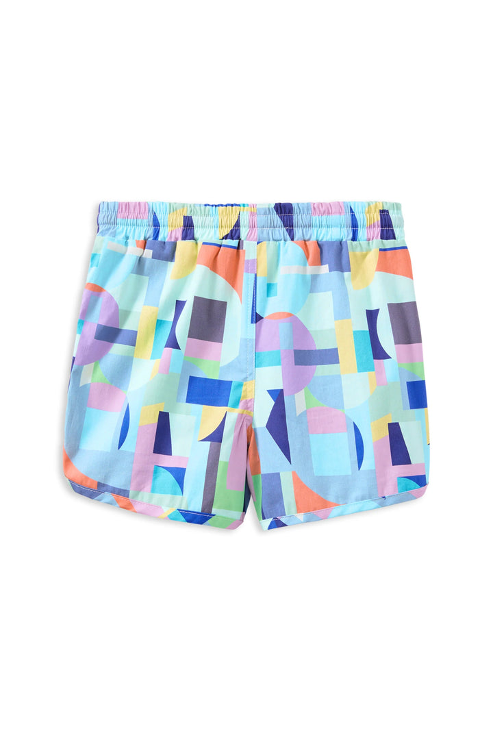 Colorful geometric-patterned shorts on a white background
