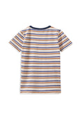 Striped t-shirt with blue, orange, and white colors on a white background