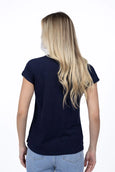 Person wearing a navy blue t-shirt on a white background