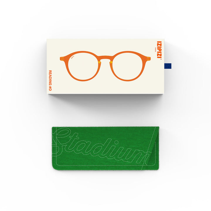 Green glasses case with 'Stadium' text and a white card with orange glasses illustration on a white background