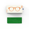Green glasses case with 'Stadium' text and a white card with orange glasses illustration on a white background