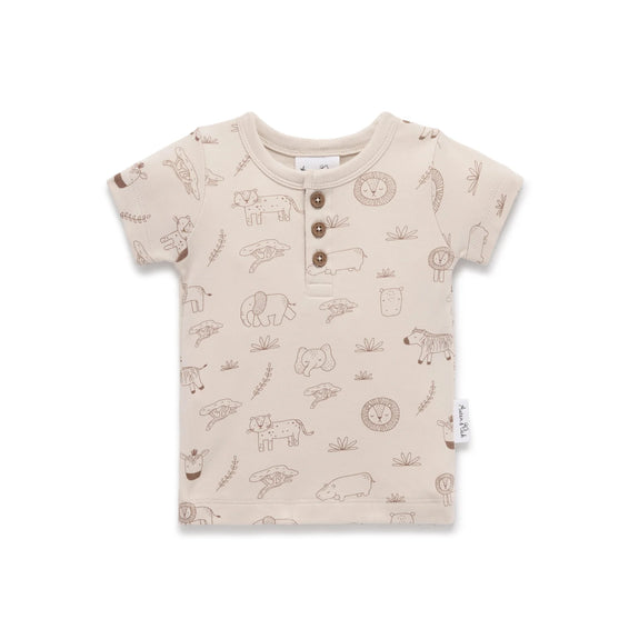 Beige baby t-shirt with animal prints on a white background