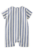 Striped baby romper with blue and white vertical stripes on a white background