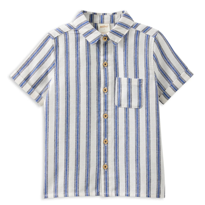 Blue and white striped shirt on a white background