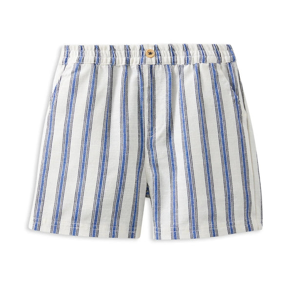 Striped shorts with blue and white pattern on a white background