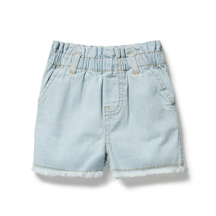 Light blue denim shorts on a white background