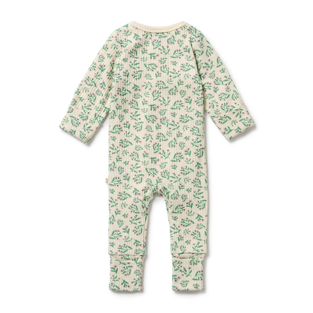 Baby onesie with green floral pattern on a white background