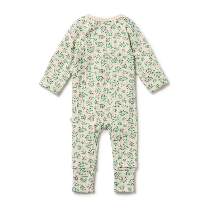Baby onesie with green floral pattern on a white background