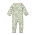 Baby onesie with green floral pattern on a white background
