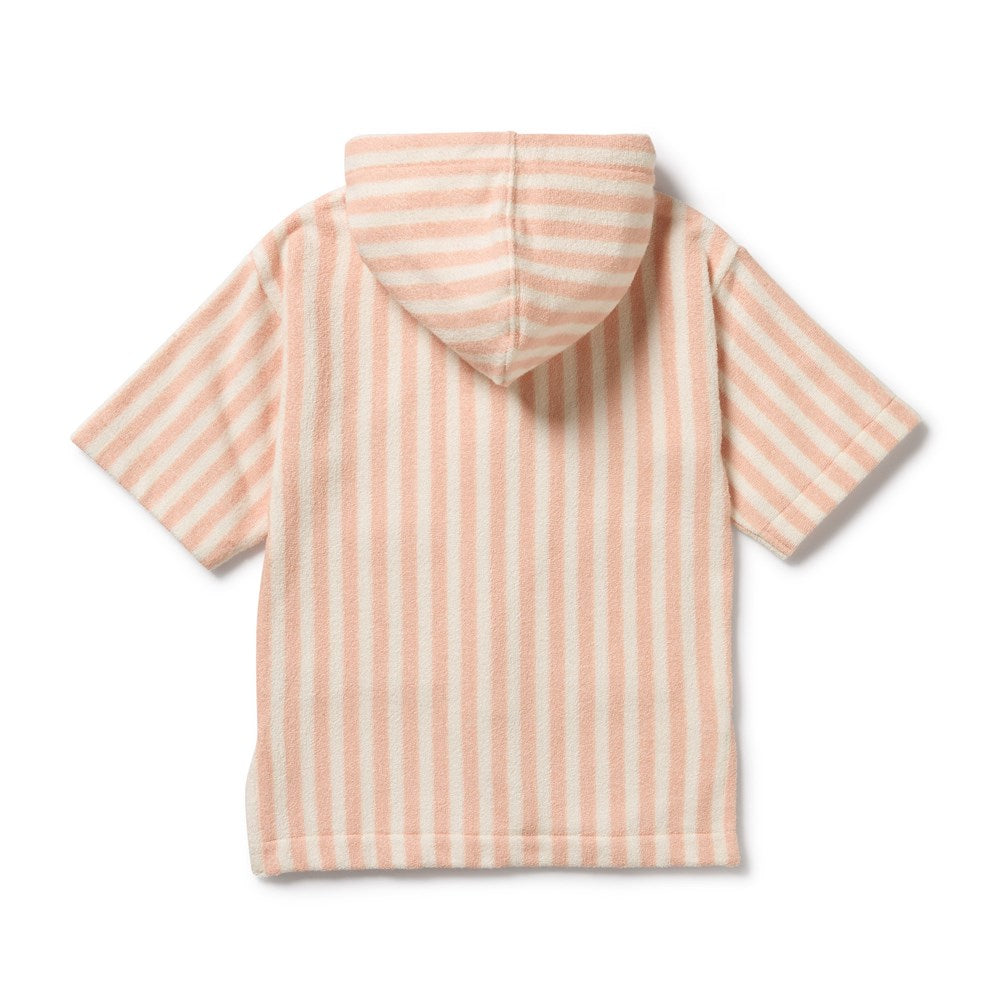 Pink and white striped hooded towel on a white background