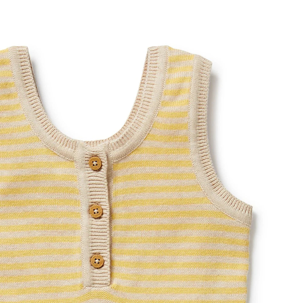 Yellow and beige wilson & frenchy  striped sleeveless baby outfit with buttons on a white background