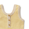 Yellow and beige wilson & frenchy  striped sleeveless baby outfit with buttons on a white background