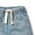 Close-up of wilson & frenchy blue denim shorts with a drawstring on a white background