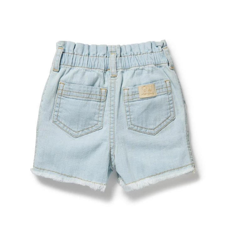 Light blue denim shorts on a white background