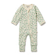 Baby onesie with green floral pattern on a white background