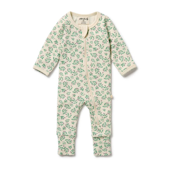 Baby onesie with green floral pattern on a white background