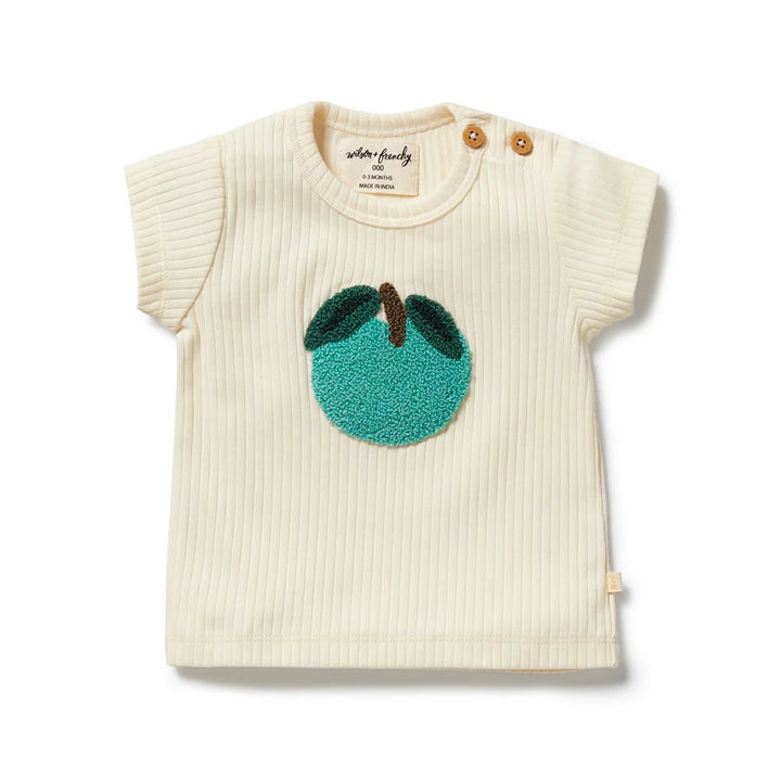 Baby t-shirt with a green apple design on a white background