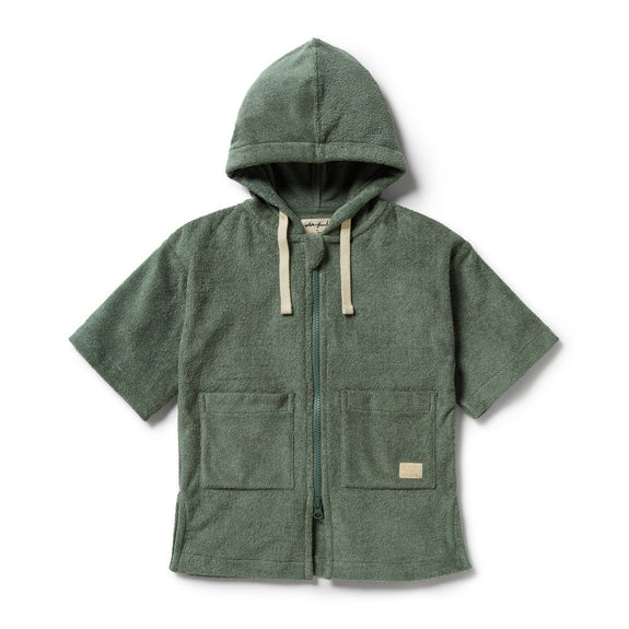 Green hooded towel with short sleeves on a white background