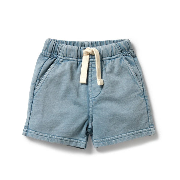 Blue  wilson & frenchy shorts with a drawstring on a white background