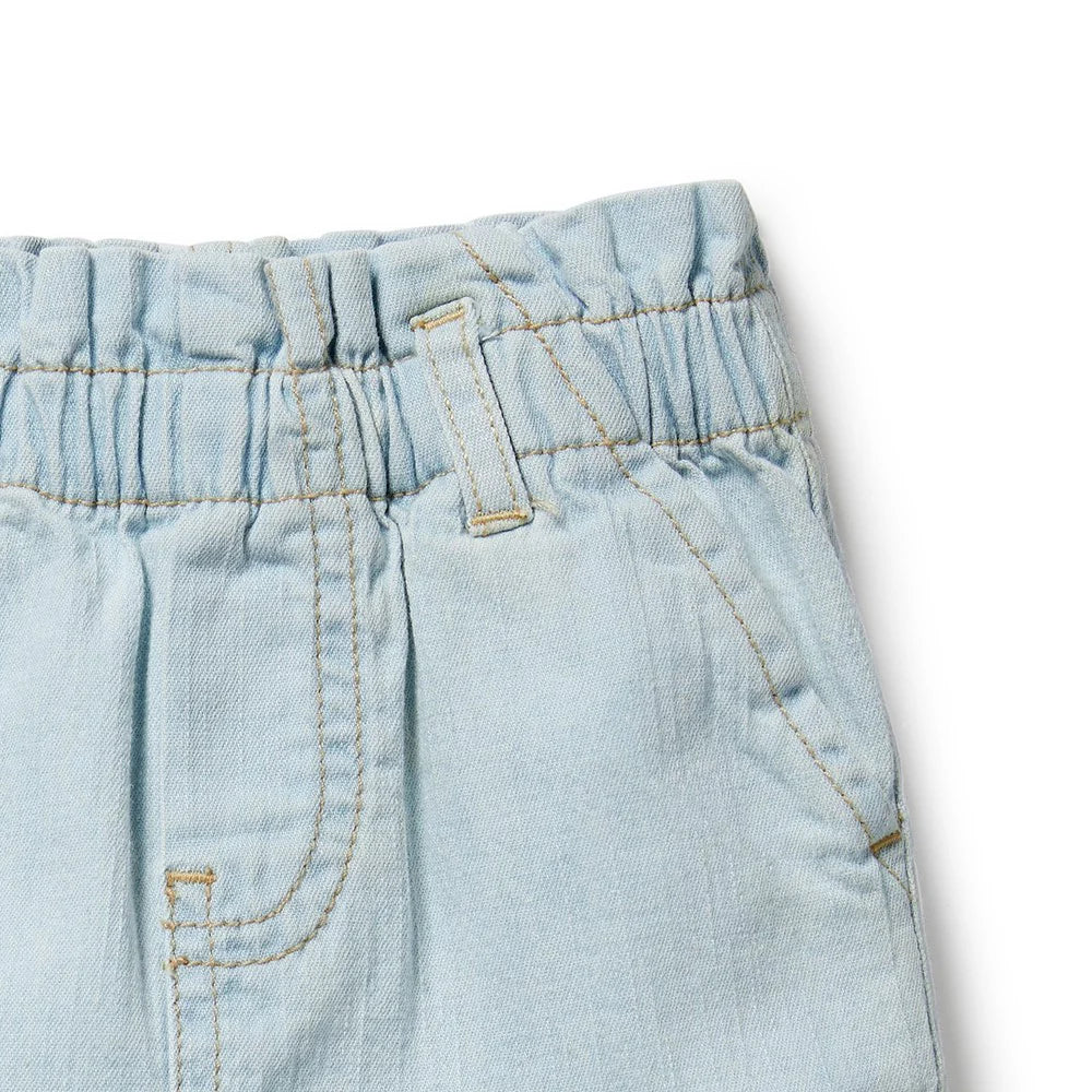 Light blue denim shorts with an elastic waistband on a white background