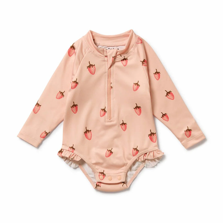 Wilson & French Pink baby outfit with strawberry pattern on a white background