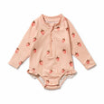Wilson & French Pink baby outfit with strawberry pattern on a white background