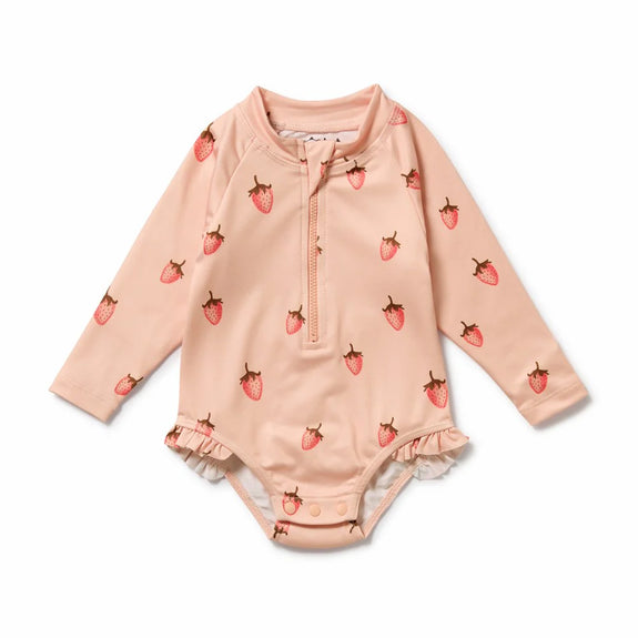 Wilson & French Pink baby outfit with strawberry pattern on a white background