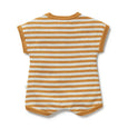 Wilson & Frenchy Striped baby romper with orange and white horizontal stripes on a white background