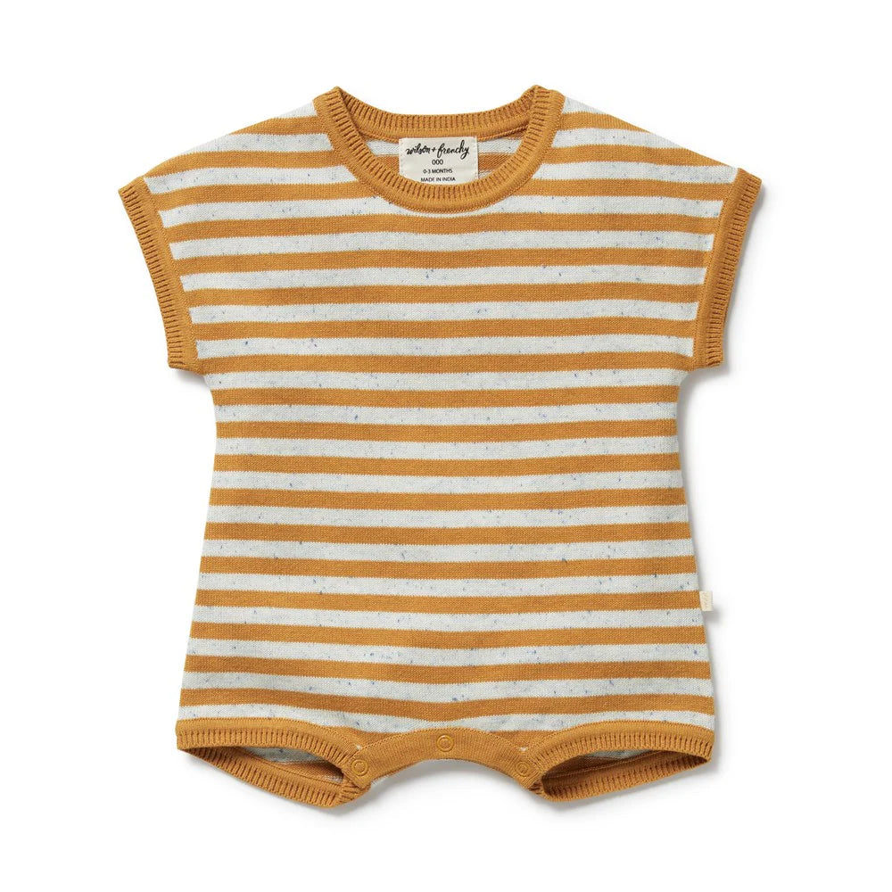 Wilson & Frenchy Striped baby romper with mustard and white horizontal stripes on a white background