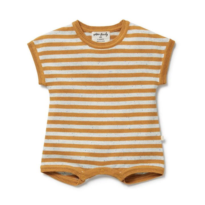 Wilson & Frenchy Striped baby romper with mustard and white horizontal stripes on a white background