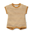 Wilson & Frenchy Striped baby romper with mustard and white horizontal stripes on a white background