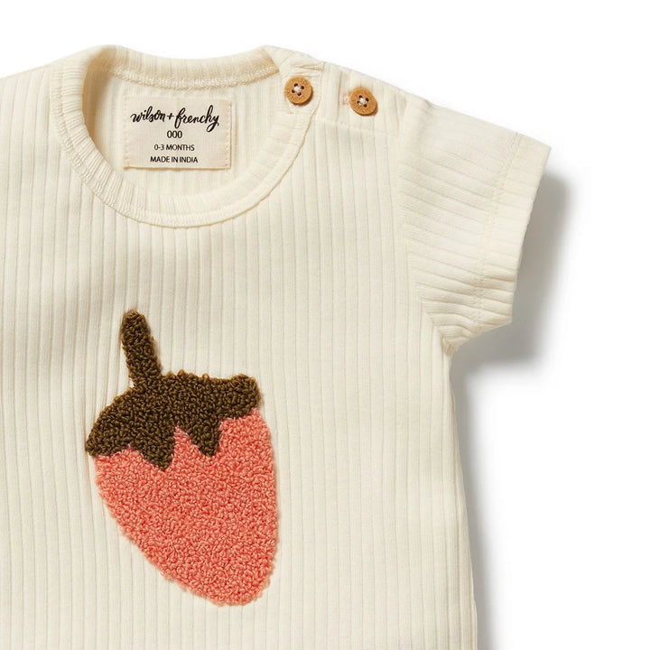 Wilson & Frenchy Baby tee with strawberry design and 'Wool & Freckles' branding on a white background