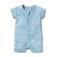 Wilson & frenchy blue baby romper with bird pattern on a white background