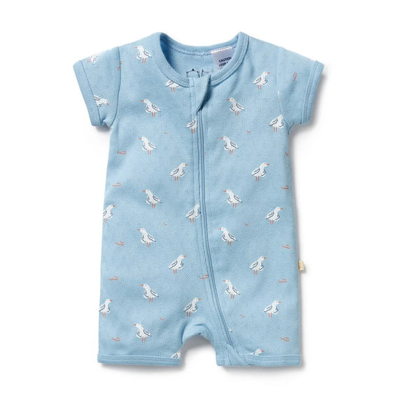 Wilson & frenchy blue baby romper with bird pattern on a white background