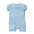 Blue Wilson & Frenchy baby romper with seagull pattern on a white background