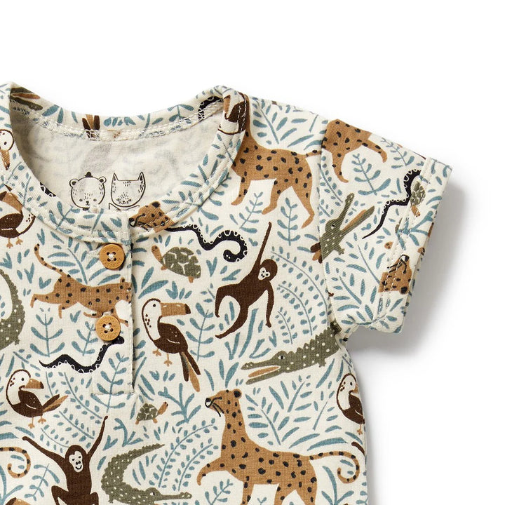 Baby romper with animal pattern on a white background