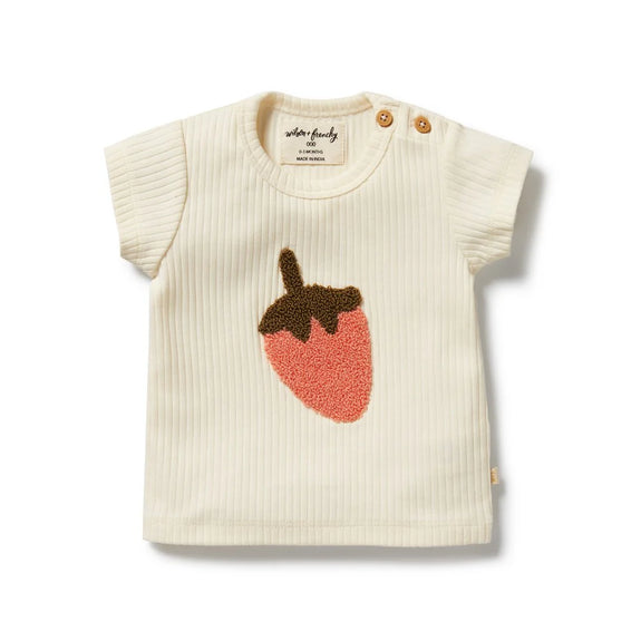 Baby Wilson & Frenchy t-shirt with strawberry design on a white background
