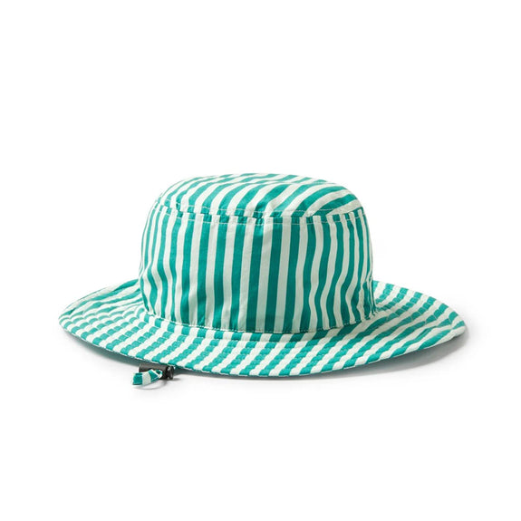 Green and white striped bucket hat on a white background