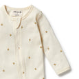 Wilson & Frenchy Baby romper with gold floral patterns on a white background