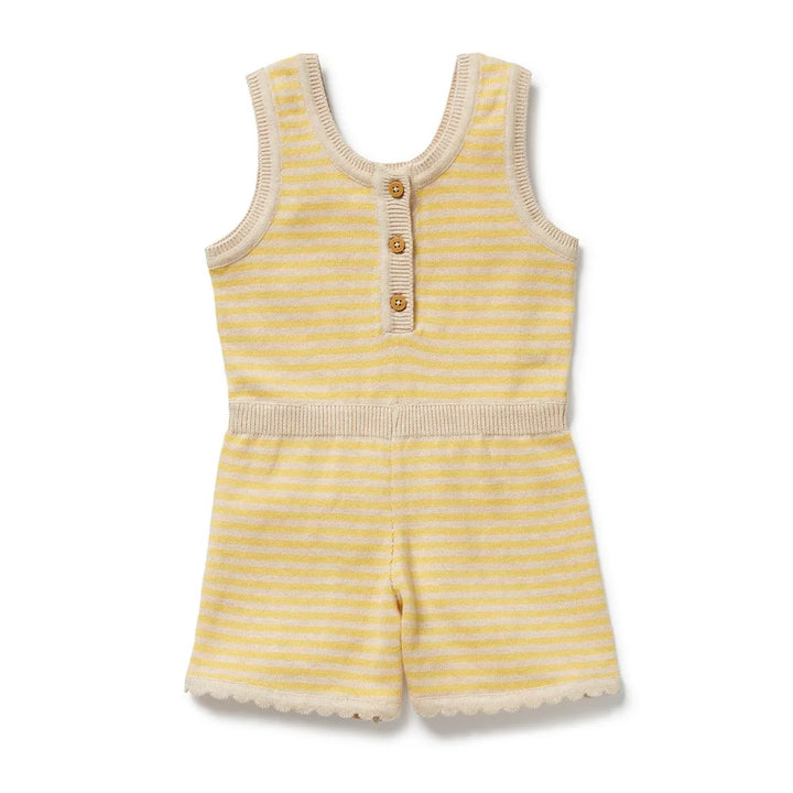 Yellow Wilson & Frenchy striped baby romper with buttons on a white background