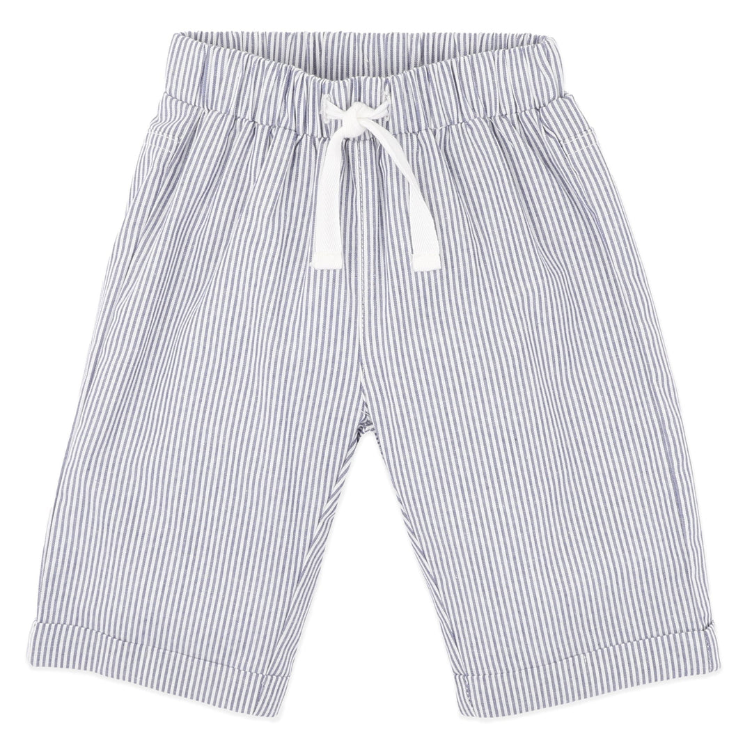 A pair of baby boy's shorts featuring a fine vertical blue and white stripe pattern, an elastic waistband, and a white drawstring tie.