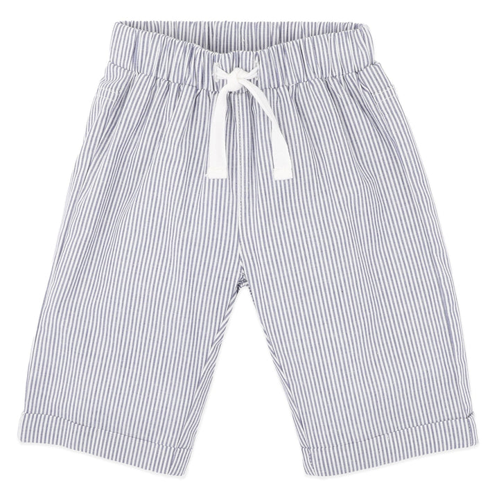 A pair of baby boy's shorts featuring a fine vertical blue and white stripe pattern, an elastic waistband, and a white drawstring tie.